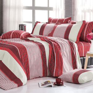 Intérieur de chambre moderne mettant en valeur des oreillers rouges et blancs sur le lit